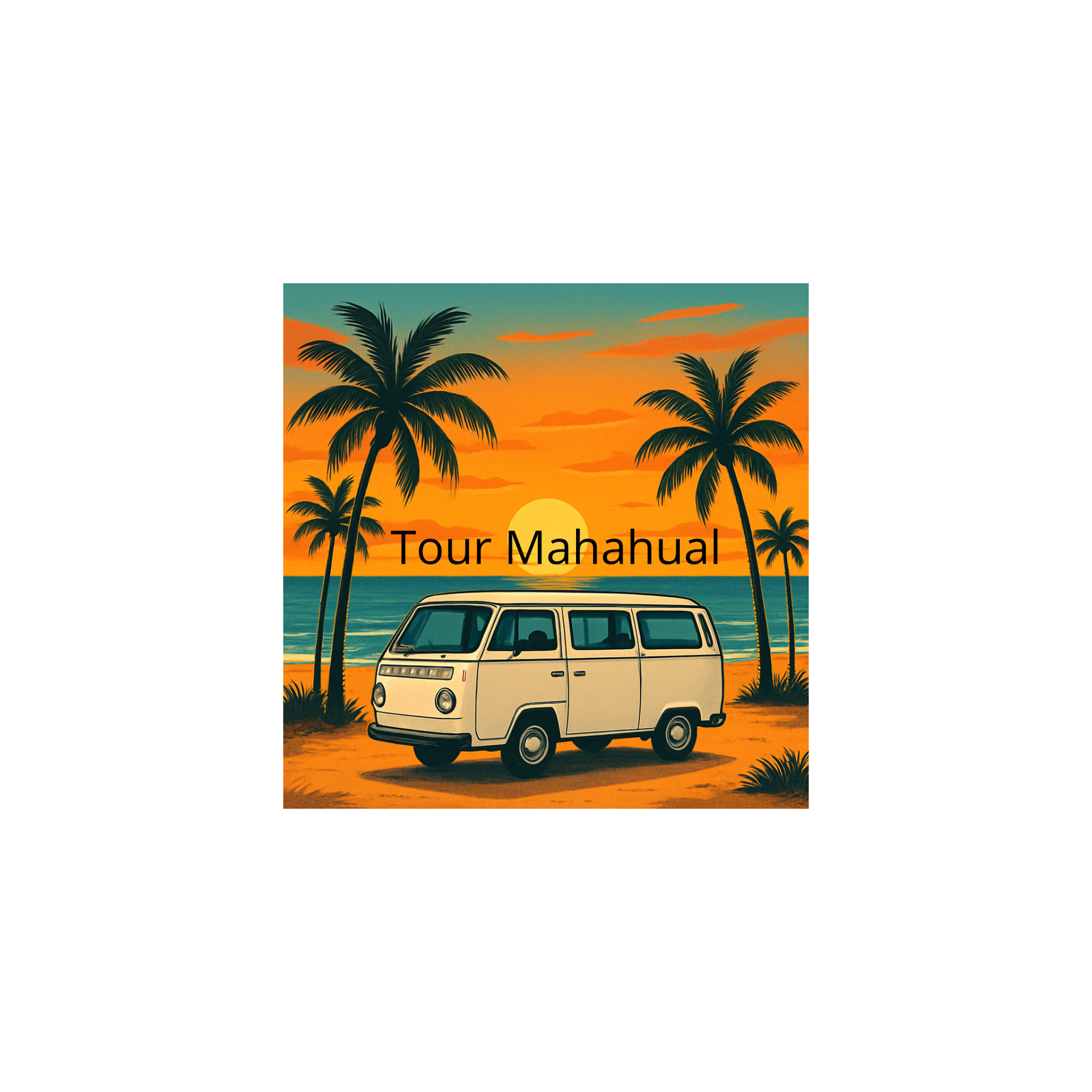 logo de dibujounas palmeras el sol amarillo el mar y una van blanca sobre la playa colores vivos amarillo naranjoso el mar azul vivo